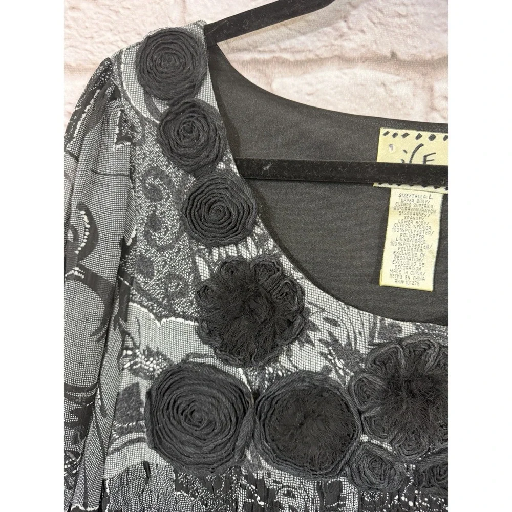 Vintage Black Babydoll Top Rosettes Floral Puff Sleeve Ruffle Dark Fairy Women L - Picture 4 of 9